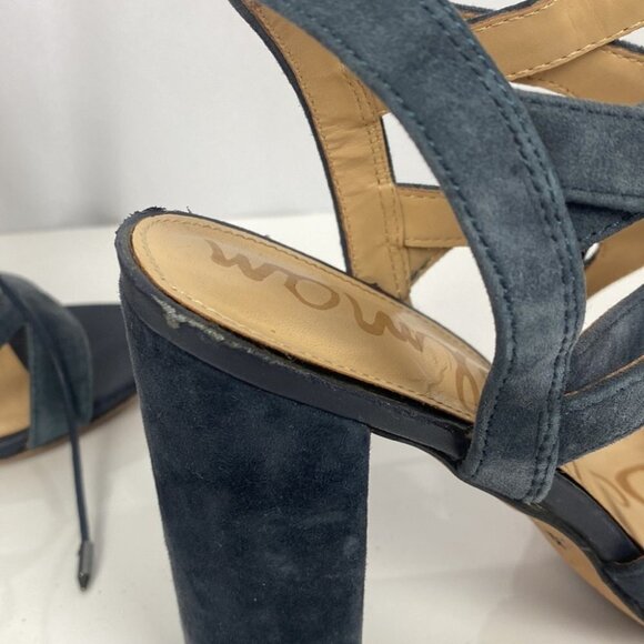 SAM EDELMAN Yardley Inky Black Blue SUEDE Strappy Lace-Up Block Heel - Size 7.5 - Picture 6 of 12